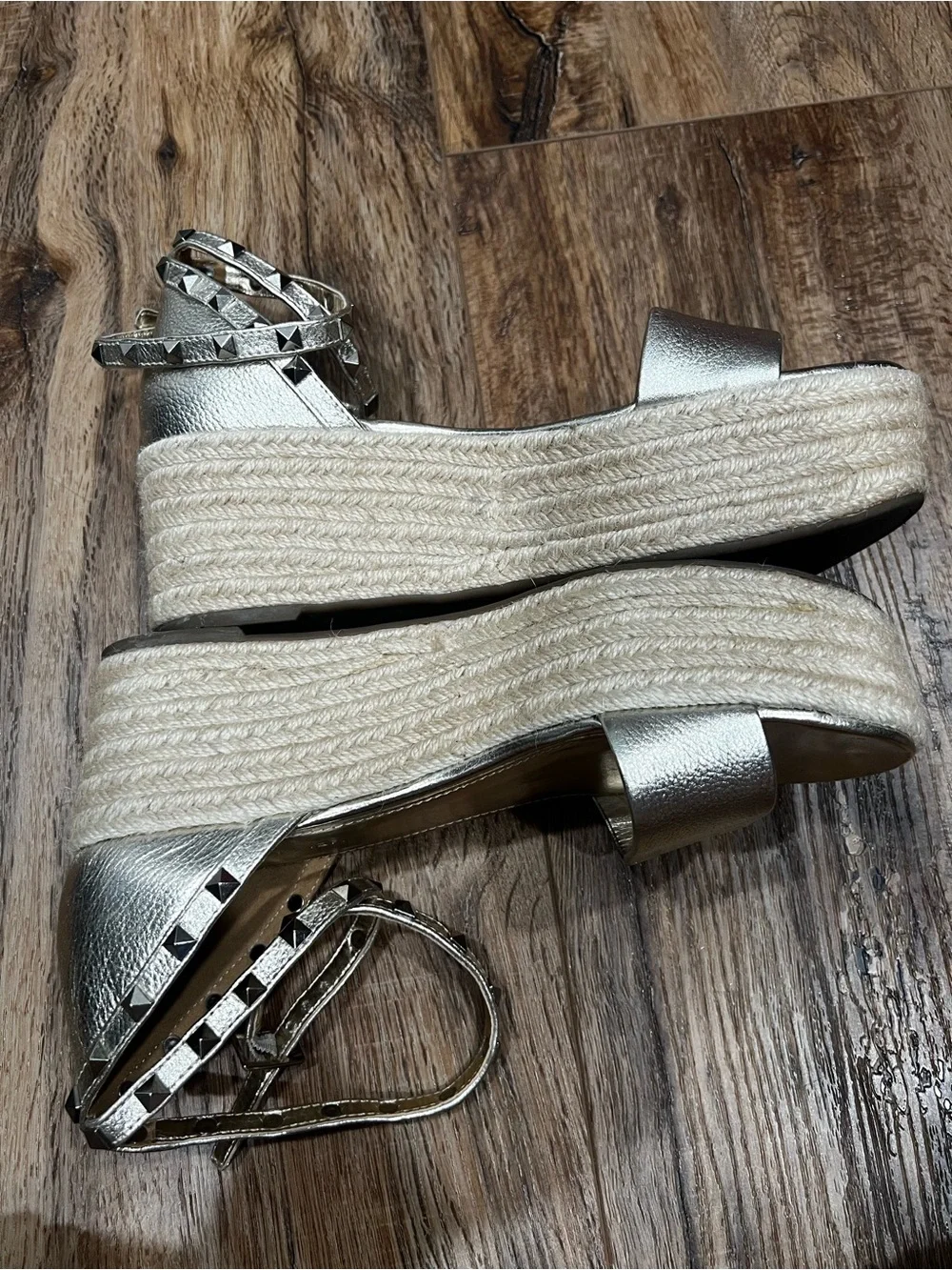 Marc Fisher Silver Espadrille Wedge Sandals with Studded Ankle Straps